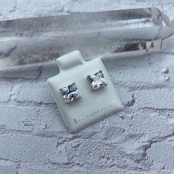 Sterling Silver 6mm Square Clear CZ Stud Earrings - Picture 1 of 4